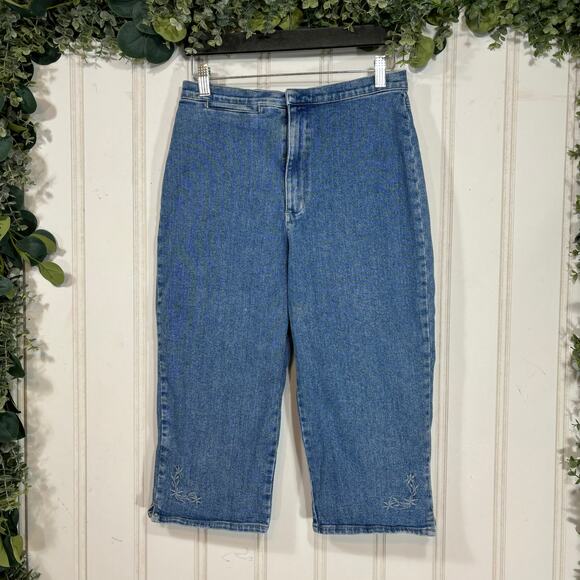 90s Vintage Denim Capri Jeans MEDIUM Floral Decal Retro Casual Hippie - Picture 1 of 6